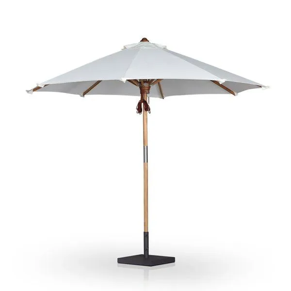 Baska Outdoor Round Umbrella with cream canopy, teak pole, leather pulley, and woven rope cord