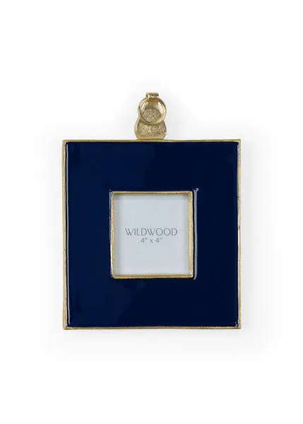 Navy enamel square wall frame with textured gold trim and circular hanger, holds 4x4 photo