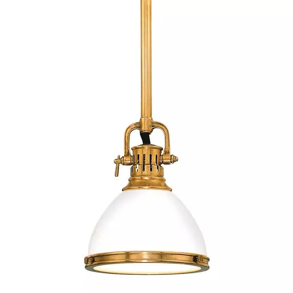 Randolph pendant with glossy white opal glass dome and brass metal accents, suspended by adjustable rod