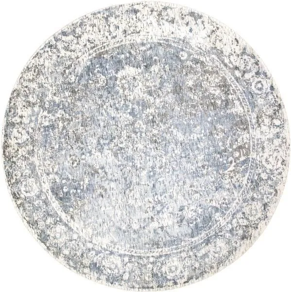 Round 8x8 foot handwoven rug with a blue and gray traditional ornamental pattern and neutral color palette