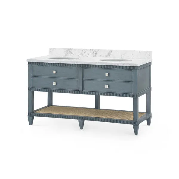 Sienna 2-drawer table with lacquered blue wood, rattan lower shelf, rectangular white Carrara marble top with two undermou...