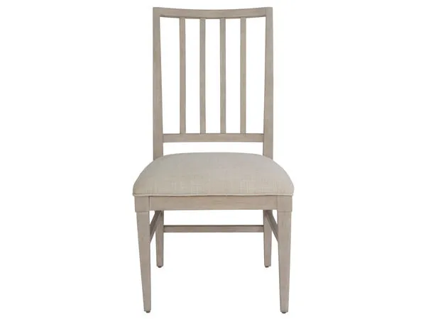 Splat Back Side Chair set of 2 with light wood frame and beige upholstered seat, vertical rod open back design