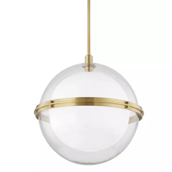 Northport 1 Light Pendant with clear glass globe and aged brass finish horizontal band and stem