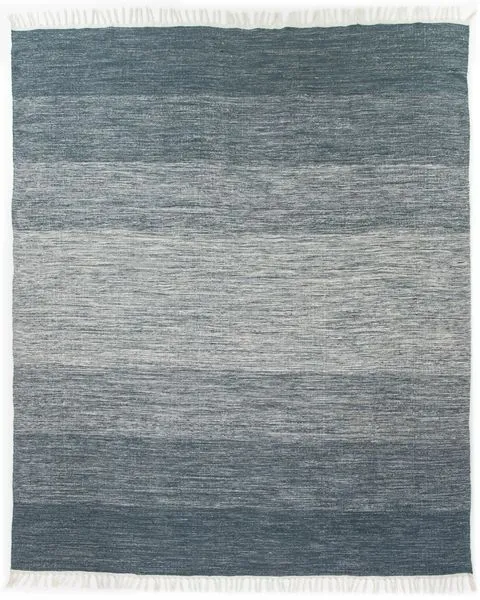Navy ombre area rug with horizontal gradient stripes and white fringe on short edges