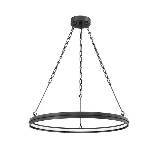 Round black metal LED chandelier suspended by three chains from ceiling mount