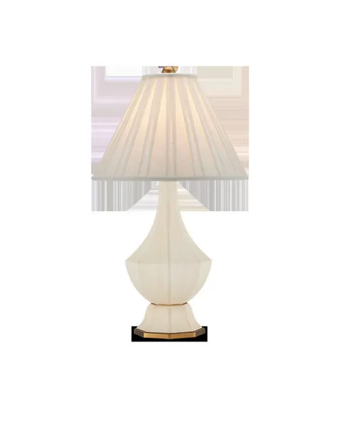 Musetta Table Lamp with hexagonal faux leather wrapped base in ivory and antique brass ring near the bottom