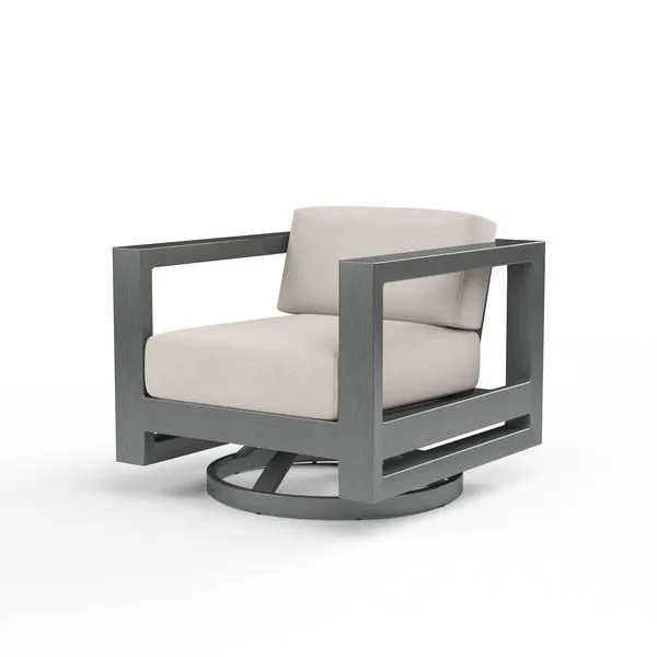 Redondo swivel club chair with low back, linear slate-finished aluminum frame and beige cushions