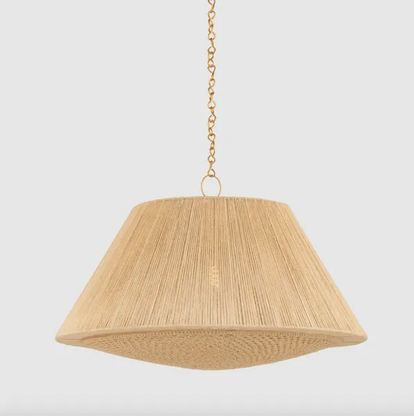 Mystic Pendant with woven jute fibers featuring vertical string sides and decorative crochet bottom, natural beige color