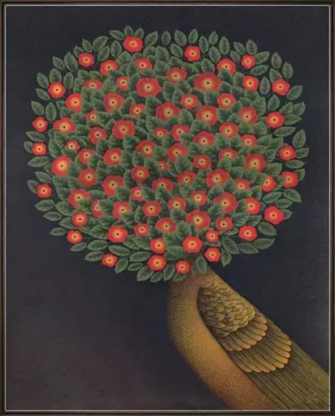 Painting of a bird with a plume of red and orange flowers surrounded by green leaves on a dark background