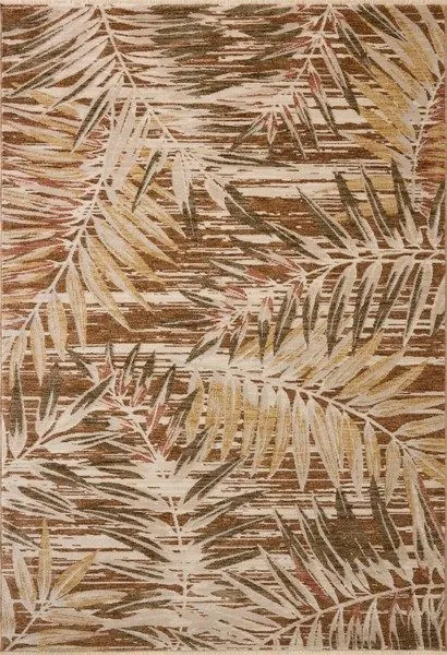 Botanical area rug with large-scale natural leaf design in earth tones of brown, beige, and green