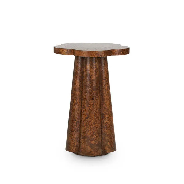 Callie Accent Table with sculpted flower-shaped top and grooved walnut burl pedestal base in rich brown