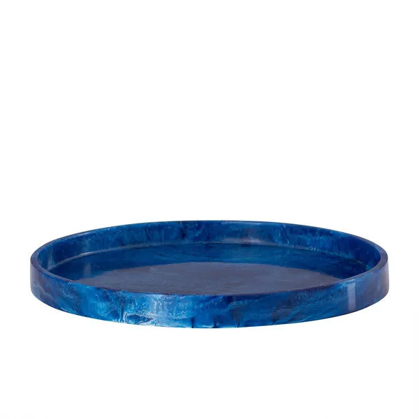 Large round tray made of glossy blue resin with a marbled texture and a raised edge
