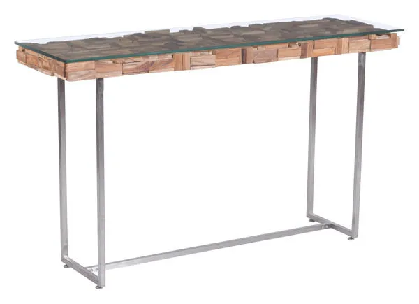 Collage console table with rectangular recycled teak wood top in natural honey finish, stainless steel base, and clear gla...