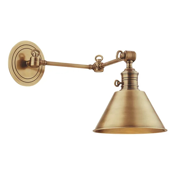 Garden City 1 Light Wall Sconce in hand-rubbed bronze with adjustable arm and conical metal shade