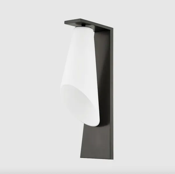 Andros Wall Sconce side view emphasizing bias-cut elliptical opening of the opal glass shade