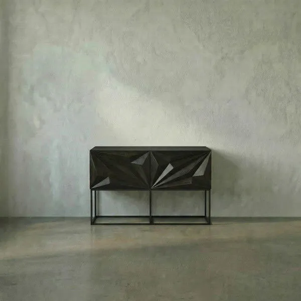 Zurich Console in ebony with black walnut wood and bold hand-carved diamond and rhombus patterns on four doors, slim metal...