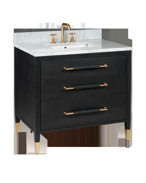 Verona 36 inch black linen bathroom vanity with white Carrara marble top, rectangular undermount sink, and champagne finis...