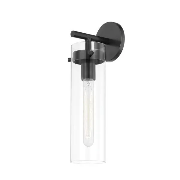 Wall sconce with old bronze finish featuring clear cylindrical glass shade and visible elongated bulb