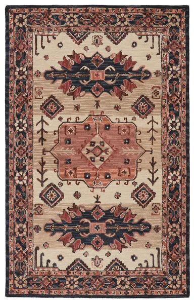 Handmade Vibe By Idina rug with a central medallion in muted pink and dark blue on cream background with traditional Turki...