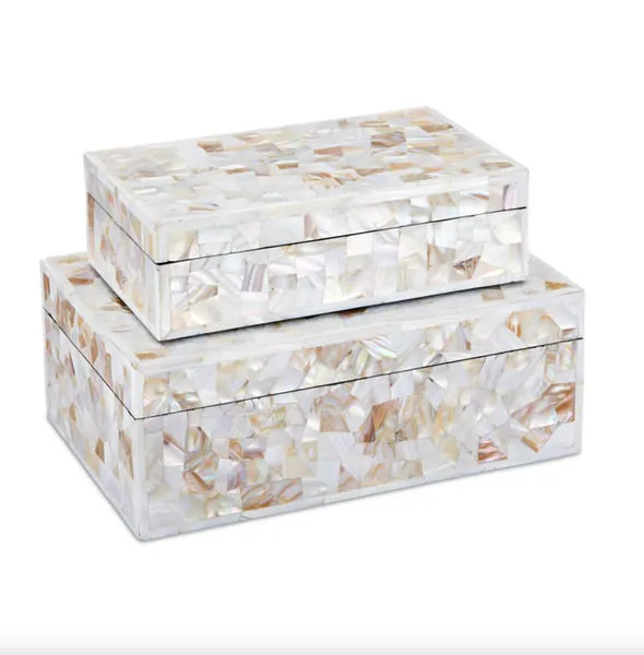Closed view of stacked mother of pearl boxes showing smooth edges and top surfaces aligned