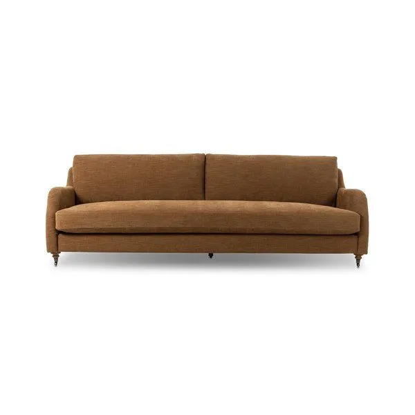 Lynne Sofa with rolled arms, turned legs with casters, soft brown fabric and sink-in cushions in traditional English style.