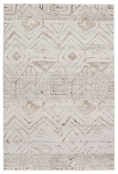 Kalindi Tribal cream and taupe area rug with geometric and tribal-inspired patterns and metallic sheen