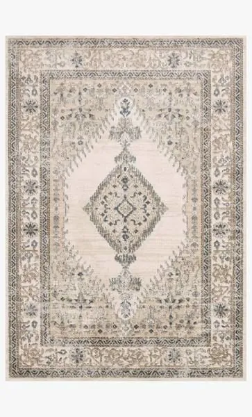Top-down view of entire rectangular Teagan rug displaying central medallion and symmetrical border design