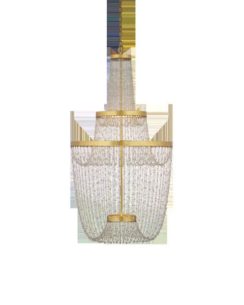 Mademoiselle Chandelier with gold leaf rings and strands of clear glass beads creating a luminous glow