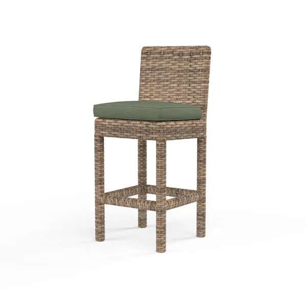 Havana Counter Stool with all-weather woven wicker in Aged Tobacco and thick olive green seat cushion
