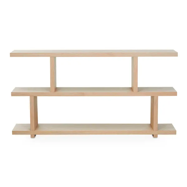 Miri Small Shelf with three horizontal white oak veneer shelves supported by vertical panels in Mid-Century Modern style