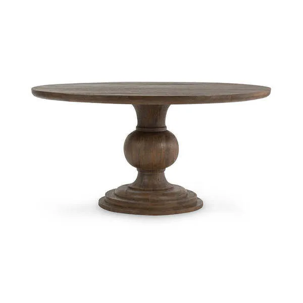 Round dining table in mango wood with turned colonial-style pedestal base and semi-gloss finish