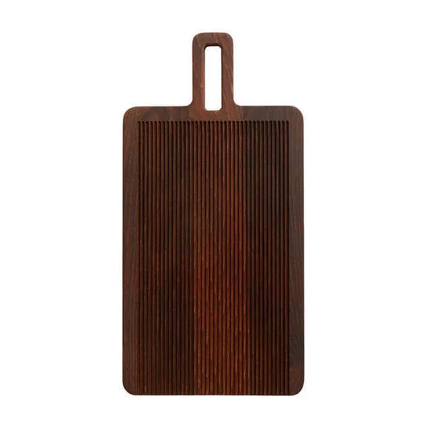 Yami Brown bread board with narrow vertical grooves and rectangular handle in dark carbonized ash wood
