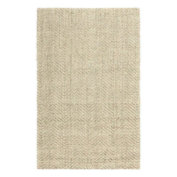Chevron-patterned handwoven jute area rug in natural beige, rectangular shape with textured surface