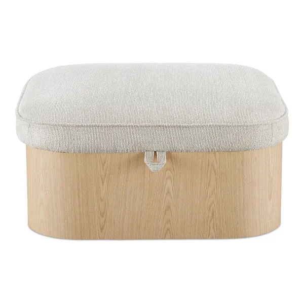 Sonny ottoman with ash veneer base and flecked oatmeal fabric top featuring curved corners and piping detail