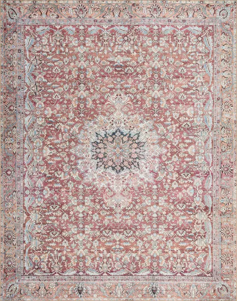 Wynter Tomato / Teal Rug with detailed floral medallion center and intricate border in warm tomato red and teal tones