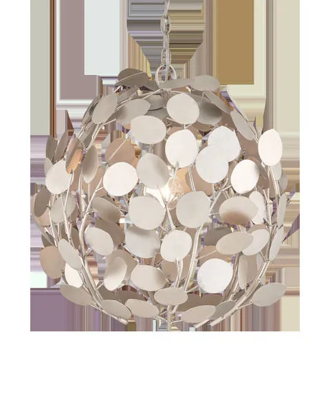 Round chandelier with multiple silver leaf-like metal discs creating an orb shape around a central light bulb
