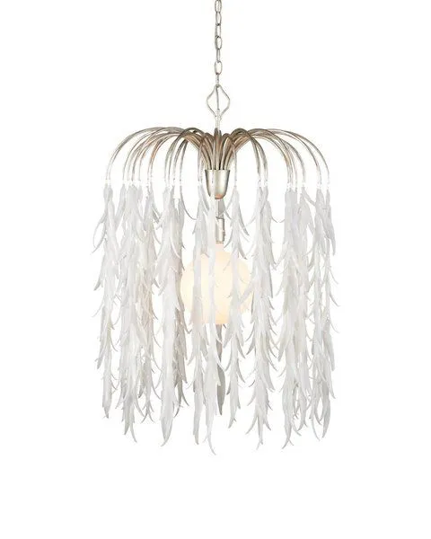 Silver pendant light with cascading white glass leaves forming an organic, dripping design