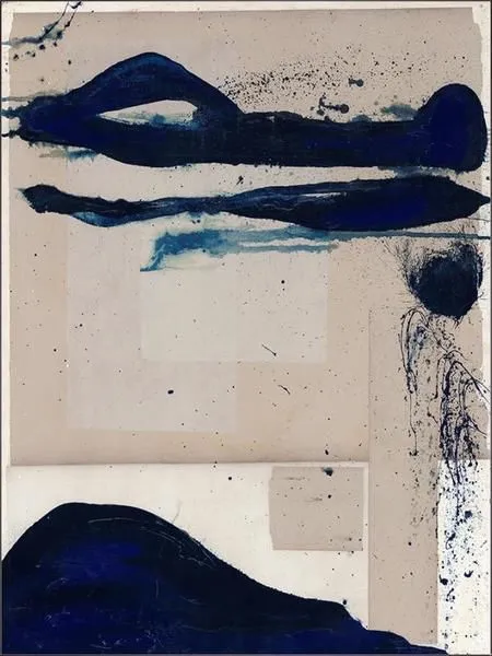 Abstract painting with layers of blue and grey on a beige background, featuring bold dark blue strokes and textured splatters