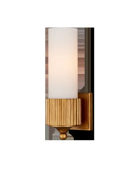 Bryce Gold Bath Wall Sconce with cylindrical white diffuser and vertical ribbed gold base with round finial