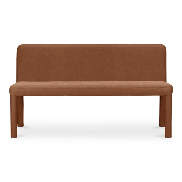 Place Dining Banquette bench in warm brown upholstery with rounded legs and a padded backrest and seat