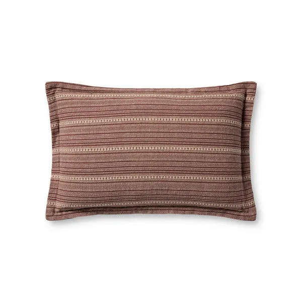 Elongated burgundy throw pillow with beige textured stripes and cotton cover, flange edges