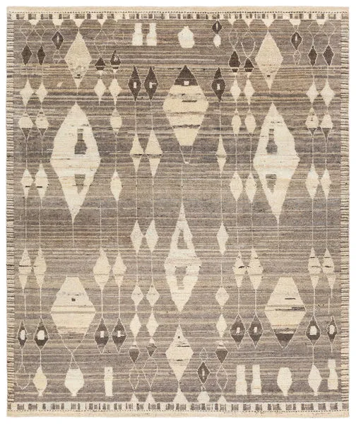 Tonnara Handknotted Trellis Rug with gray and cream diamond pattern and Moroccan-inspired geometric designs