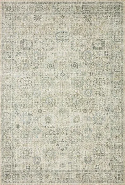 Traditional rectangular Skye Natural Sage rug with faded old-world floral patterns in muted green and beige tones