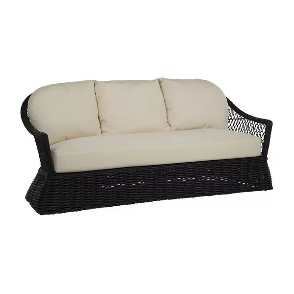 Outdoor Soho Woven Sofa with black woven frame and cream cushions, three-seater design