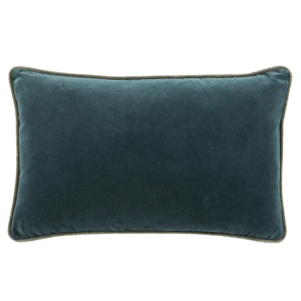 Rectangular lumbar pillow in solid teal cotton velvet with gray-green piped edges