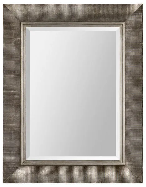 Contemporary rectangular Taylor mirror with wide textured silver frame featuring fine horizontal ridges