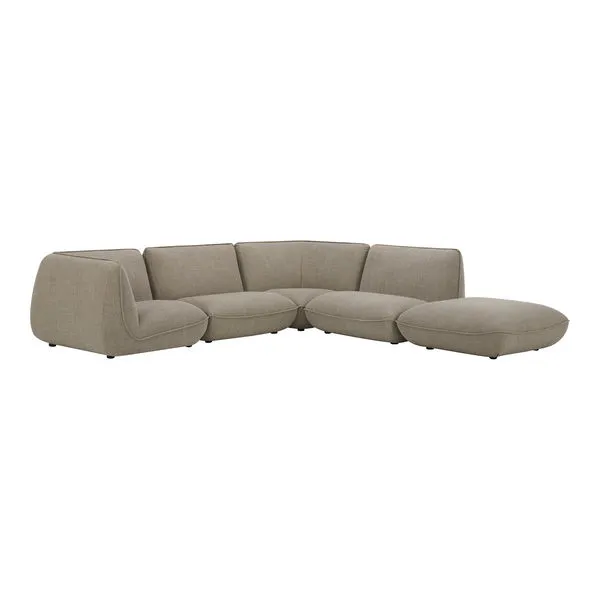 Zeppelin Dream Modular Sectional sofa with low-slung 70’s inspired silhouette and soft taupe fabric upholstery
