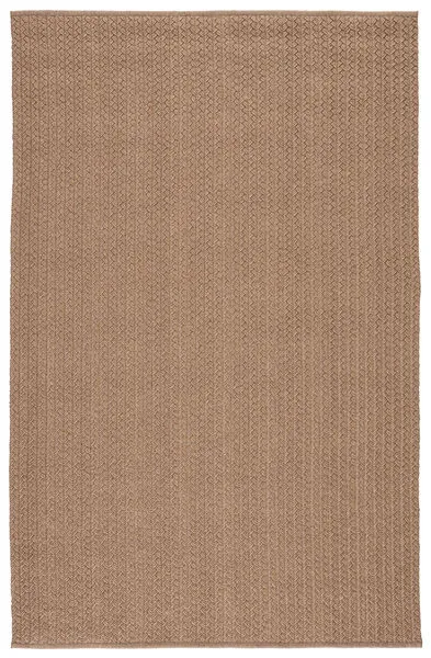 Light tan rectangular indoor/outdoor area rug with a handwoven textured pattern of braided polypropylene and polyester fibers