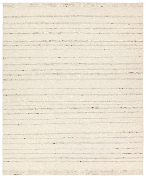 Handwoven cream rug with thin taupe horizontal stripes in a flat rectangular shape