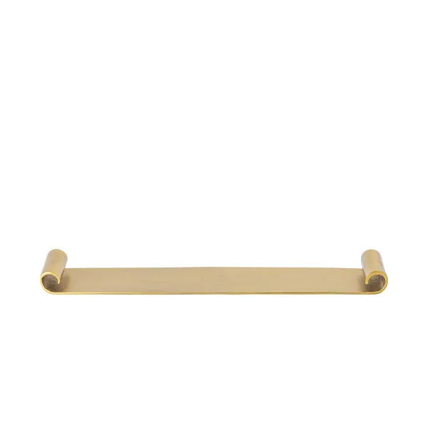 Long aged brass metal tray with curled ends, raw brass antique finish, smooth flat base